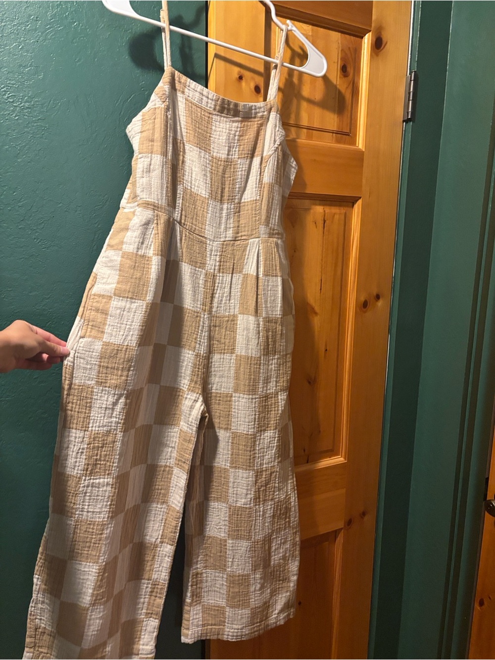Brixton Beige and White Checkered Linen Jumpsuit - Picture 2 of 4